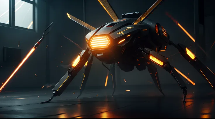 cybernetic insect. Six legs. breaks free from the laboratory. There are sparks, fire and smoke all around;. bright light. Clear details. sharp edges, sci-fi technology, Technological flair, 8k рендер, bright light, reflections on floor