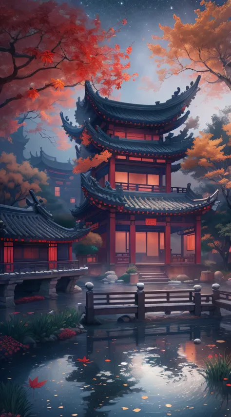 Rendering in surreal CG ancient China，Jiangnan ancient buildings and ancient towns have Yaolin wonderland。the night，The stars are bright，The smoke is fascinating，Maple leaves and milk leaves are trees。snow landscape。k hd