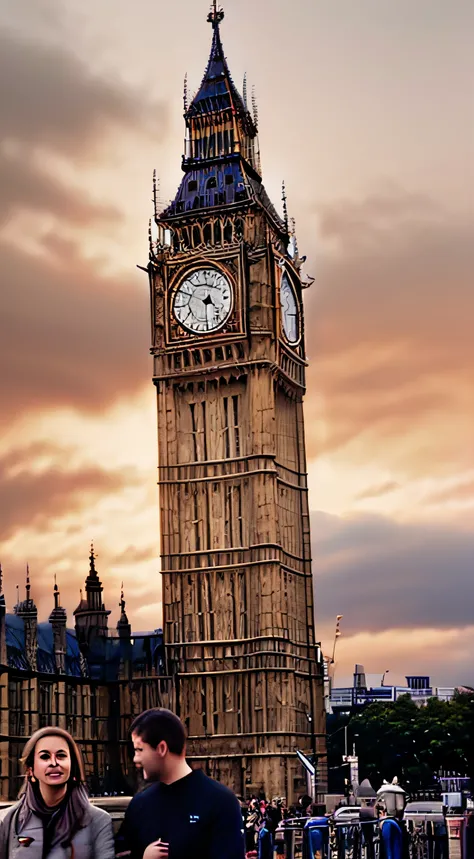 Vista ararísta, of a clock tower with a man and a woman standing in front of it, Grande Ben, Big Ben is in the background, Londres, Londres Big Ben no fundo, big clock, Casas do Parlamento, clocktower, As Casas do Parlamento, Big Ben na Lua, clocktower, em...