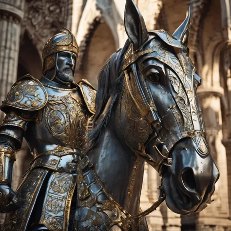 Best quality, Masterpiece,, (photograph realistic:1.4), Dream-like,fusionart, Royal knight,  Decorated with shining armor decorated with intricate carvings,  King Arthur, Joan of Arc, The armor shines with a metallic luster, Reflects the light of the morni...