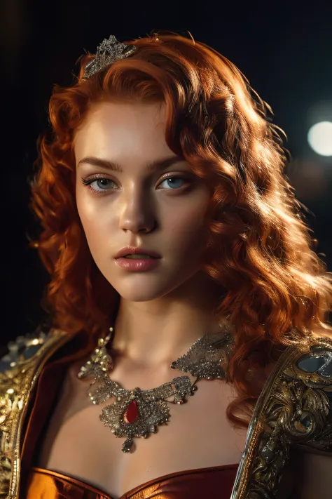 4k, higher resolution, best quality, perfect colors, Perfect shadows, perfect lighting, (European redhead model, (red eyes), (red shaved face. ), ((Film portrait)), King wearing silver crown and ruby jewelry, (two-tone leather), brown eyes, Looking at the ...