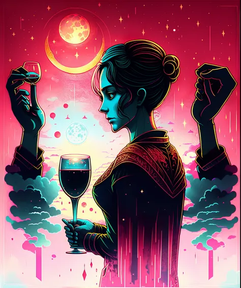 Holding a wine glass，Look at the moon，Hands on shoulders