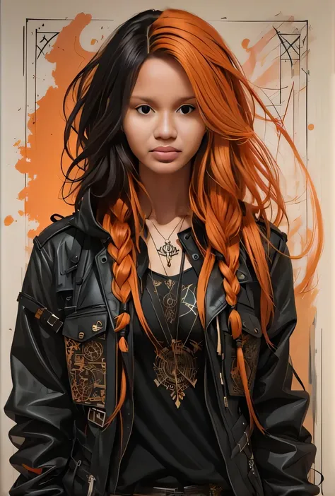 um close up de uma pessoa com cabelo laranja e uma jaqueta preta, pele laranja e cabelo ardente longo, Estilo de Charlie Bowater, orange braided hair, Ela tem longos cabelos castanhos alaranjados, cabelo laranja brilhante, orange hair, cabelo laranja longo...