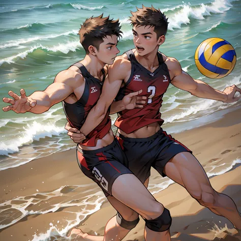 Two boys play volleyball，sandbeach