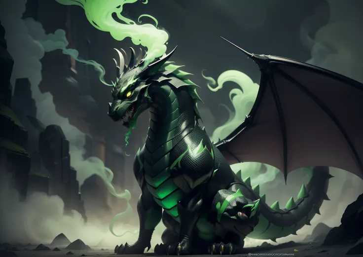 1Black dragon,adicionar veneno na boca, adicionar armadura prata, adicionar asas grandes, dentes afiados, Two paws on the ground, dragons head, veneno verde, demonio, veneno verde, green smoke, Vapor verde, place covered with green smoke, veneno, acid, gos...