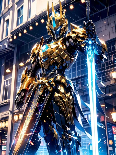 (Masterpiece, Best quality), Paladin armed with a lightsaber, Light magic, Divine, magewave, Silver and gold, 4K, dark cityscape, Fuji Film