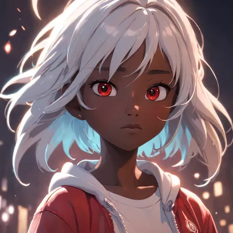 Female, age 16, 3D Pixar style character, bulk body, front image, dark skin color, white hair color, clothing, white T-shirt with red jacket, looking at viewer, solo, upper body, ((masterpiece)), (best quality), (extremely detailed), depth of field, sketch...