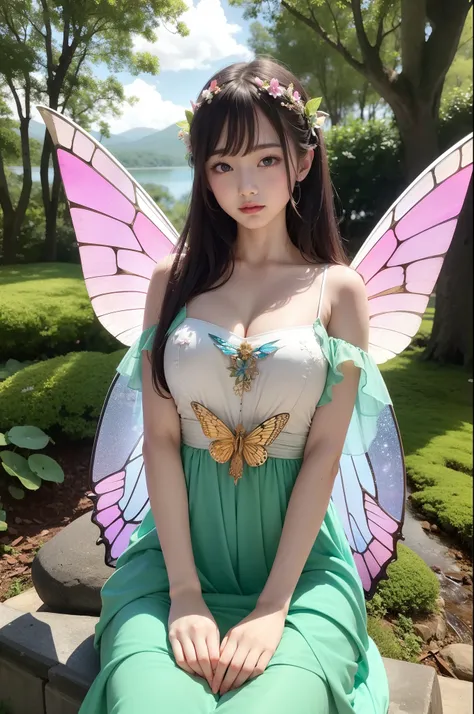 sitting on、Fairy of light appeared in the forest at dusk in spring. She is a beautiful,Big fairy wings, Bright female figure with stained glass butterfly wings on her back. She wears elaborate and delicate ornaments. Fantastic forest fountain with wildflow...