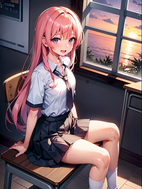 1 girl, skirt, single, table, sitting, shirt, uniform, long hair, classroom, lattice, indoors, smile, look at me, school table, open mouth, lattice skirt, short sleeve, teak, collar shirt, pleats, ribbon, bangs, tie, :d, chair, socks, window, one-piece shi...