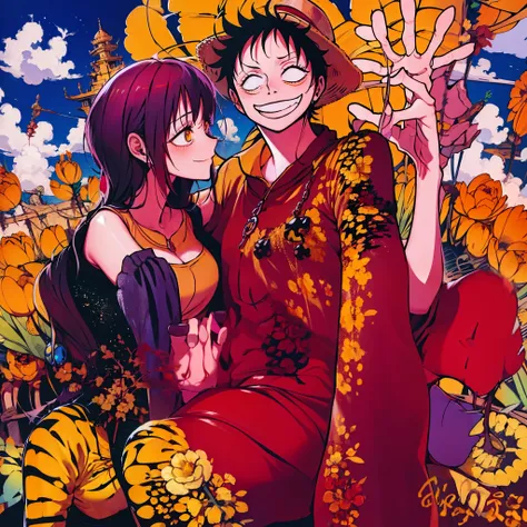 Makima, monkey d luffy, couple ,Lovey Dovey,, , ,, 1boy+1GIRL, couple, subrealist, sky , tulipan, nighte, psychedelic