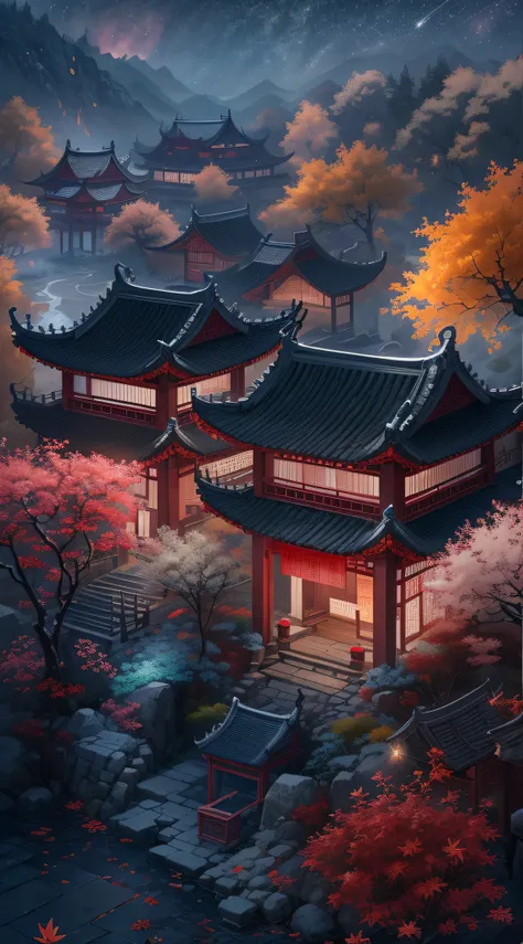 Rendering in surreal CG ancient China，Jiangnan ancient buildings and ancient towns have Yaolin wonderland。the night，The stars are bright，The smoke is fascinating，Maple leaves and milk leaves are trees。snow landscape。k hd