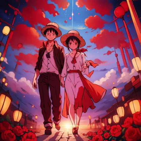 makima, monkey d luffy, couple ,lovey dovey,, , ,, 1boy+1girl, couple, subrealist, sky , tulipan, nighte, psychedelic