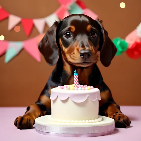 Brown miniature dachshund、a cake、happy birthday、Birthday、birthday celebration、Lit 27 candles