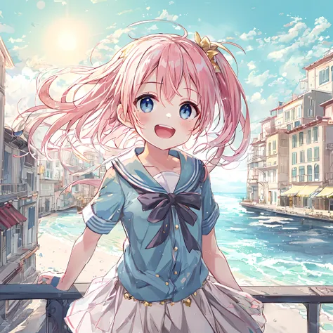 absurderes, hight resolution, (Anime style:1.1), ((masutepiece)), ((Best Quality)), (Ultra-detailed), (Beautiful), 独奏, Beautiful face、(liftup),Cute little girl standing on the street in Mediterranean port city,Wind,Light pink hair, Blue eyes,(poneyTail:1.2...