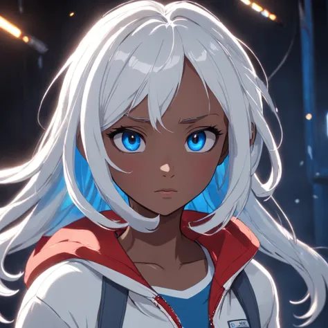 Female, age 16, 3D Pixar style character, bulk body, front image, dark skin color, white hair color, blue eye colur, clothing, white T-shirt with red jacket, looking at viewer, solo, upper body, ((masterpiece)), (best quality), (extremely detailed), depth ...