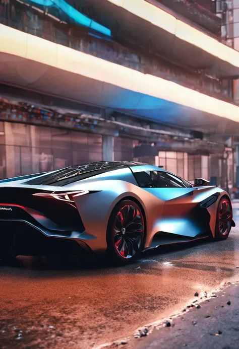 Crie uma imagem de um supercarro do futuro com um visual agressivo e esportivo, equipado com tecnologia de realidade aumentada no para-brisa, providing an immersive driver experience.