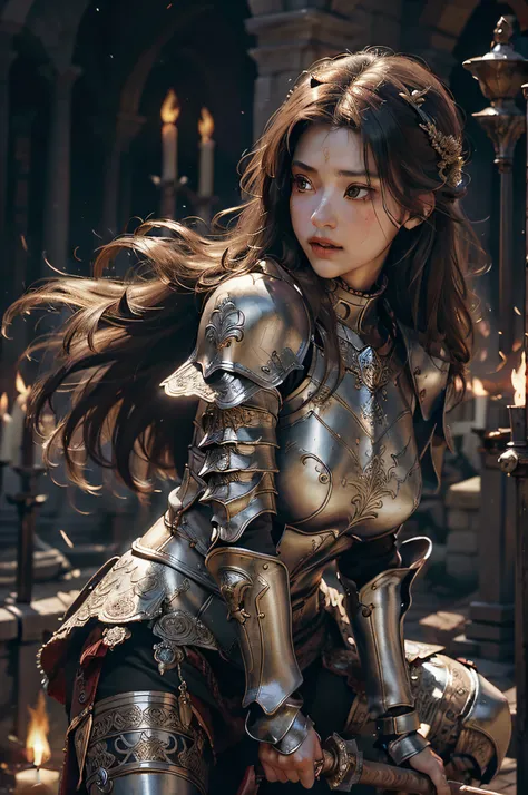 Masterwork, Beautiful woman knight looking over the battlefield, dressed in full plate mail, large breasts beneath a female breastplate, delicate carved rose detail in the chest, intricate carved details throughout the armor, beautiful face with long shoul...