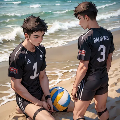 Two boys play volleyball，sandbeach