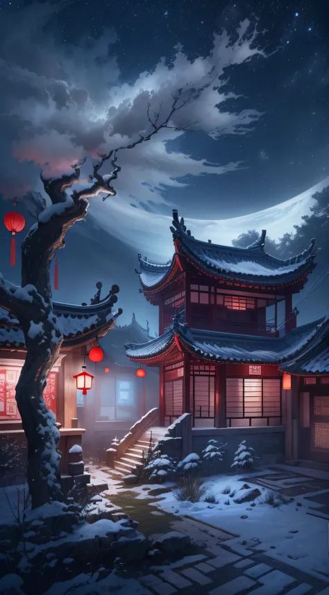 Rendering in surreal CG ancient China，Jiangnan ancient buildings and ancient towns have Yaolin wonderland。the night，The stars are bright，The smoke is fascinating，Maple leaves and milk leaves are trees。snow landscape。k hd