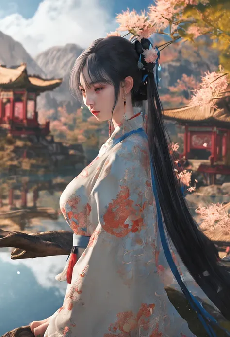 8k wallpaper，The is very detailed，illustratio，1个Giant Breast Girl，sky-bluehair，horse tailed，Detailed eyes，Forrest gump，exposed bare shoulders，Hanfu，lakes，pure，Crying face，bamboos，Embrace a black kitten，