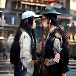 A couple，Boys wear caps，Girl with long black hair