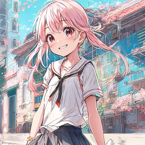 absurderes, hight resolution, (Anime style:1.1), ((masutepiece)), ((Best Quality)), (Ultra-detailed), (Beautiful), 独奏, Beautiful face、(liftup),Cute little girl standing on the street in Mediterranean port city,Wind,Light pink hair, Blue eyes,(poneyTail:1.2...