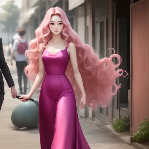 with fair skin，Tall and tall，Long pink dress，Big wavy long hair，The beauty is intense，The blazing heat of beauty is like the heroine of adolescence