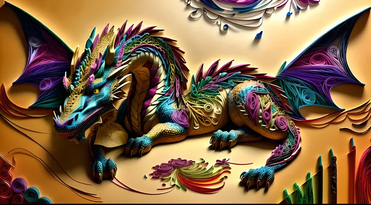 a dragon, flowers, golden glitters, multi dimensional quilling paper, art, beautiful, colorful, Masterpieces, top quality, best quality, official art, beautiful and aesthetic,((16k ultra realistic))