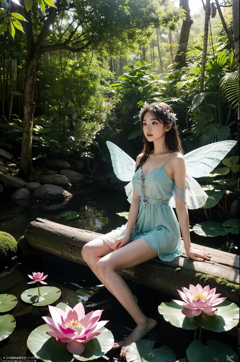 sitting on、Fairy of light appeared in the forest at dusk in spring. She is a beautiful,Big fairy wings, Bright female figure with stained glass butterfly wings on her back. She wears elaborate and delicate ornaments. Fantastic forest fountain with wildflow...