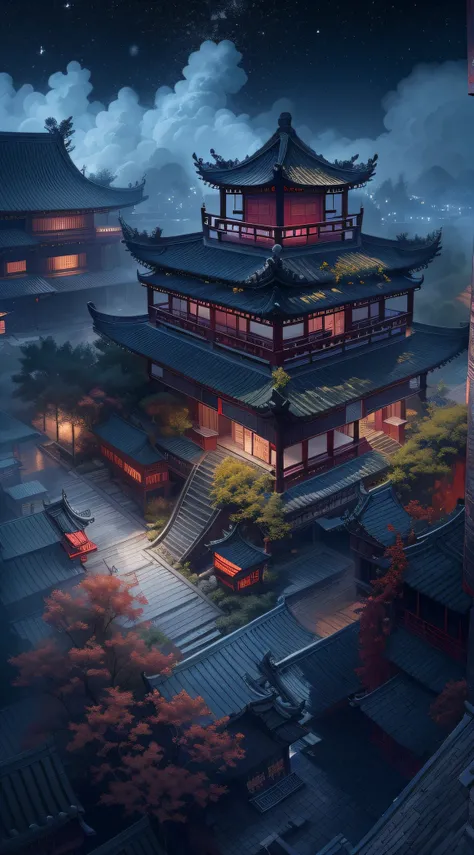 Rendering in surreal CG ancient China，Jiangnan ancient buildings and ancient towns have Yaolin wonderland。viewed from birds-eye，the night，The stars are bright，The smoke is fascinating，Maple leaves and milk leaves are trees。snow landscape。k hd