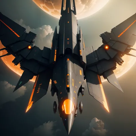 Spaceship in the form of a fighter black-orange-green, with four wings, On an alien planet in the air art realism