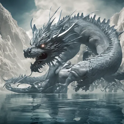 (close up, aerial view)1white dragon, lake and water, Best quality, Masterpiece, 超高分辨率, (photograph realistic:1.4), surrealism, Dream-like,fusionart, Shadowdancer, shadow magic, darkness control, stealth, shadowstep, umbral spells, hidden blade,