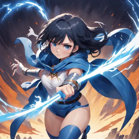 18 year old asian woman, Right eye is blue, The left eye is black, different eye colors, (Dagger in left hand), The power of the dagger lightning, Right arm gauntlet, The gauntlet has the power of the wind, blue cloak, Blue muffler, White shirt under blue ...