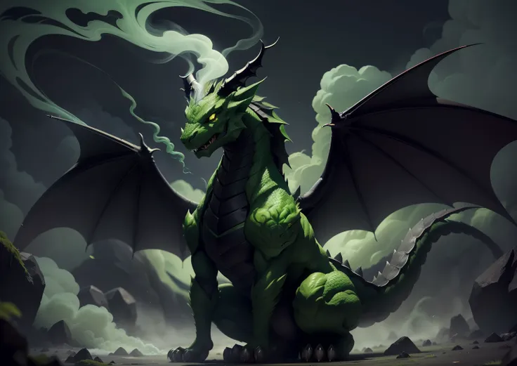 1Black dragon,adicionar veneno na boca, adicionar armadura prata, adicionar asas grandes, dentes afiados, Two paws on the ground, dragons head, veneno verde, demonio, veneno verde, green smoke, Vapor verde, place covered with green smoke, veneno, acid, gos...