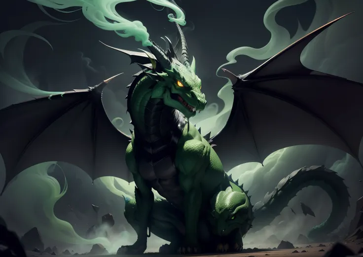 1Black dragon,adicionar veneno na boca, adicionar armadura prata, adicionar asas grandes, dentes afiados, Two paws on the ground, dragons head, veneno verde, demonio, veneno verde, green smoke, Vapor verde, place covered with green smoke, veneno, acid, gos...