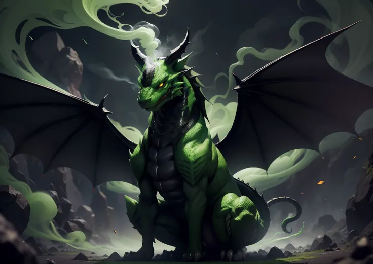 1Black dragon,adicionar veneno na boca, adicionar armadura prata, adicionar asas grandes, dentes afiados, Two paws on the ground, dragons head, veneno verde, demonio, veneno verde, green smoke, Vapor verde, place covered with green smoke, veneno, acid, gos...