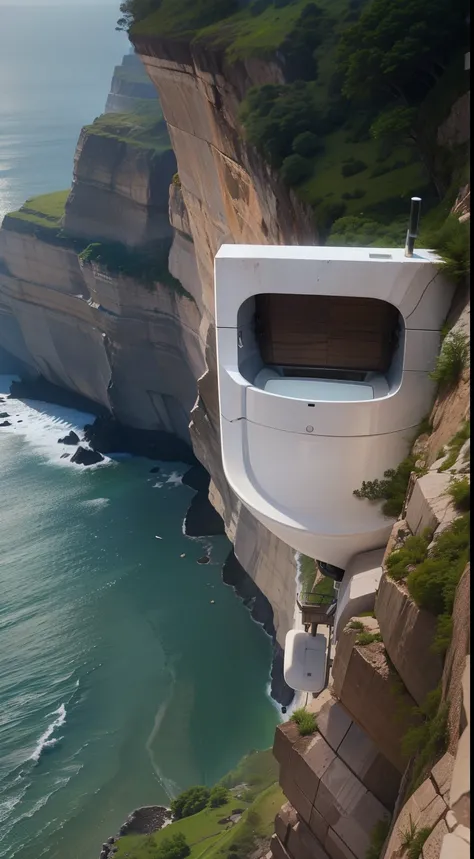 "An up-close shot of the edge of the cliff, where the toilet is positioned, revealing the breathtaking drop below and the challenging environment in which it is situated" write down some picture prompts that match the scene in the sentence above