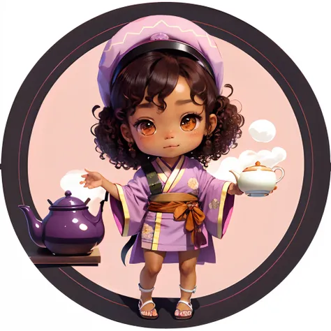 Cute brown skinned baby chibi anime, with freckles,purple and pink kimono, in a teapot, drink tea, curly black hair, in a frame, full body, wear sandals