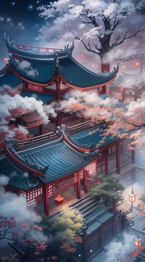 Rendering in surreal CG ancient China，Jiangnan ancient buildings and ancient towns have Yaolin wonderland。the night，The stars are bright，The smoke is fascinating，Maple leaves and milk leaves are trees。snow landscape。k hd