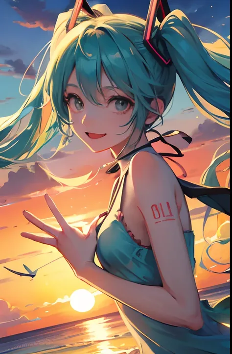 Hatsune Miku singing at the seaside、Cool breeze blows、Vivid sunset colors、One Piece Appearance、a smile、Catchy poses、Pleasant wave sound、Exciting atmosphere、Happy moments