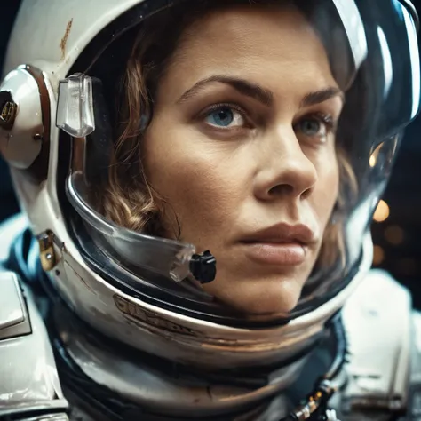 (Adult Spanish woman:1.6), (astronaut suit, wet hair, fish in a helmet:1.3), best quality, sunlight, detailed face, gorgeous eyes, realistic skin details, high quality, seen from below, romantic, high quality, film grain, Cinematic Light, sidelighting, sha...