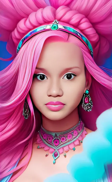 um close up de uma boneca com cabelo rosa e um colar, Retrato de Jossi de Blackpink, Fanart, rosto como ester exposito, Barbie, por disney, ariana grande as a mermaid, com cabelo rosa, Arte Promocional, official illustration, jossi do blackpink, cabelo lon...