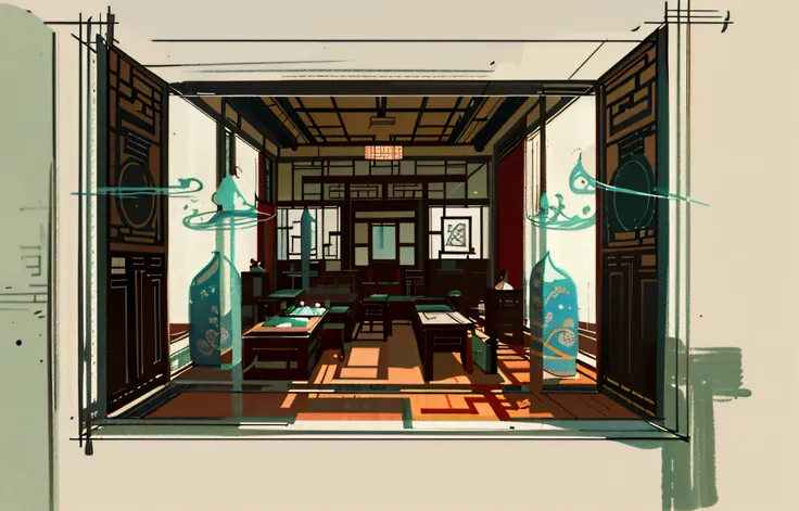 a drawing of a room with a lot of different things on it, an illustration of a jade store,chinese style sketch - up, concept drawing, conceptual, technical sketch, concept, concept sketch, a digital rendering, concept image, plan drawing, court room sketch...