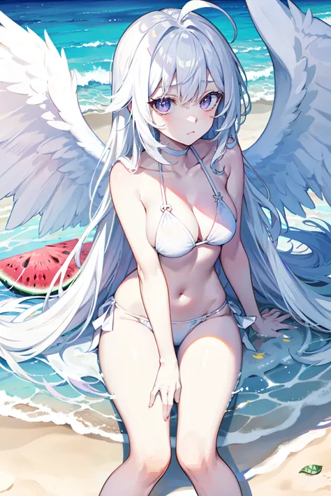 wearing a white bikini，On the beach，plumw，Gorgeous Hair in Long Purple，Angel wings，Face details，Yellow pupil，Disgusted expressions，Holding a watermelon