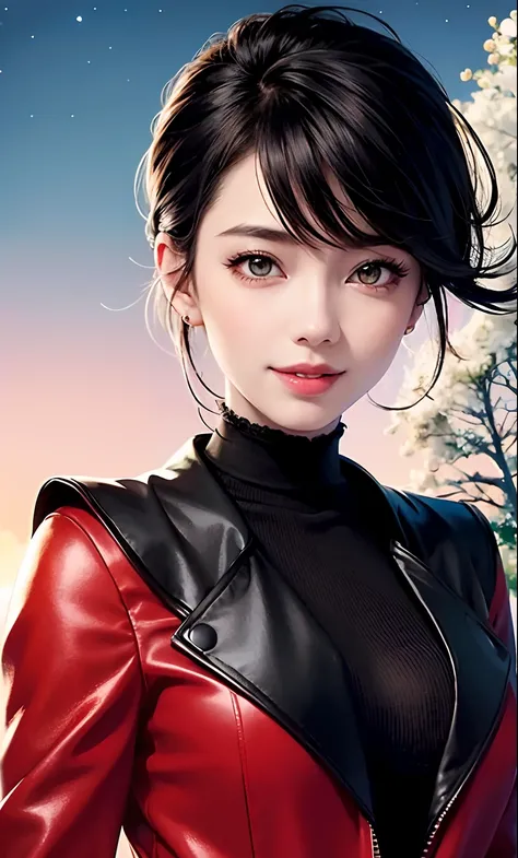 Anime picture, beautiful women, red jacket, shiny, full moon behind, close up portrait, cinematic, illustration drawing 2D anime style, black anime hair, ironed short hair,Full anime drawing, Extremely happy, fantasy background, smiling,