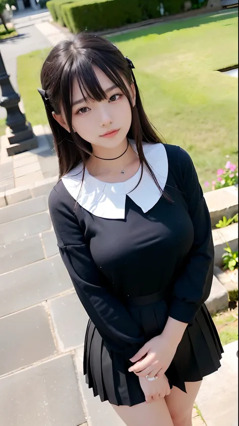 (top-quality、32K、​masterpiece、nffsw:1.2)、1girl in、beautiful japanese female、(Beautiful girl face)、big breasts thin waist、Aligned bangs、Tight white tops、Black pleated mini skirt、20yr old、Coming down the brick stairs、（pretty pose:1.2)、(smil:1.5)、