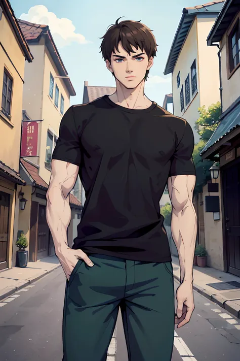 normal clothes, t-shirt, black clothing color, young man, 20 years, light brown hair, short hair, blue eyes, muscular, strong, t...