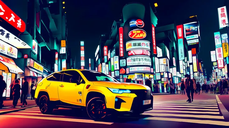 At night it is very bustling like Japans Kabukicho cyberpunk streets flanked by neon lights and street women，A Zeekr 001 coupe SUV is parked in the middle of the road