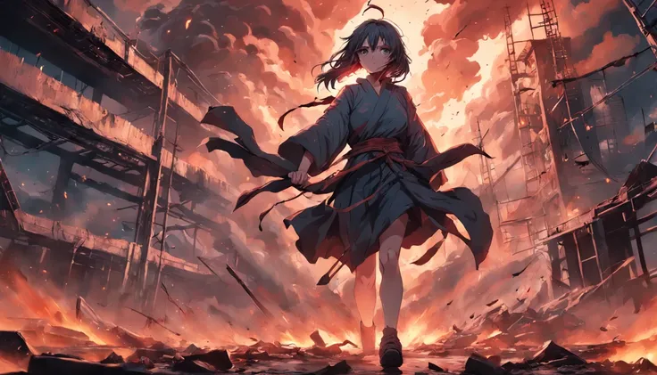 A woman in an apocalyptic scene, fighting valiantly, Torn clothes, blood, dramatic scene (very high detail:1.4) 8k, perfect, best quality, Best Artwork