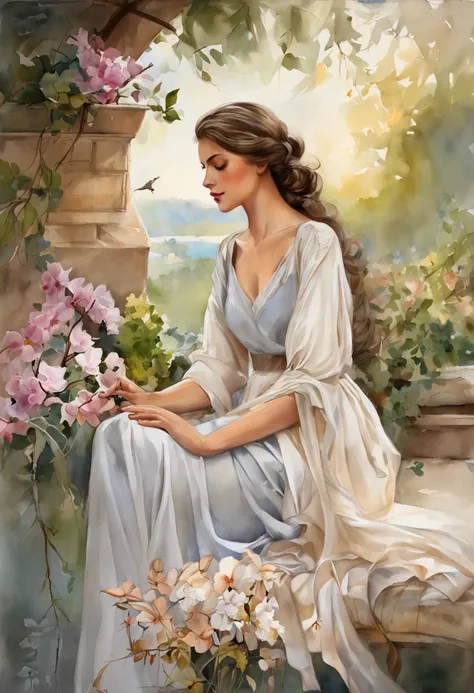 The man below is standing, Gives a flower, The woman, sitting on the ledge, Flowers, Long flowing fabric for dress, clear facesMagalie Villeneuve, magali villeneuve, inspired by Magali Villeneuve, graphic artist magali villeneuve, magali villeneuve and mon...